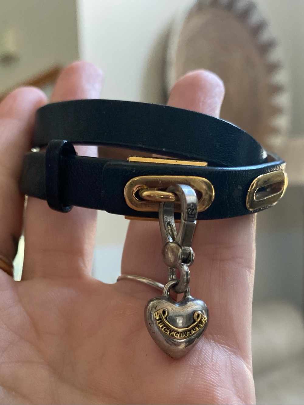 Juicy Couture Black Leather Wrap Bracelet with Heart Charm